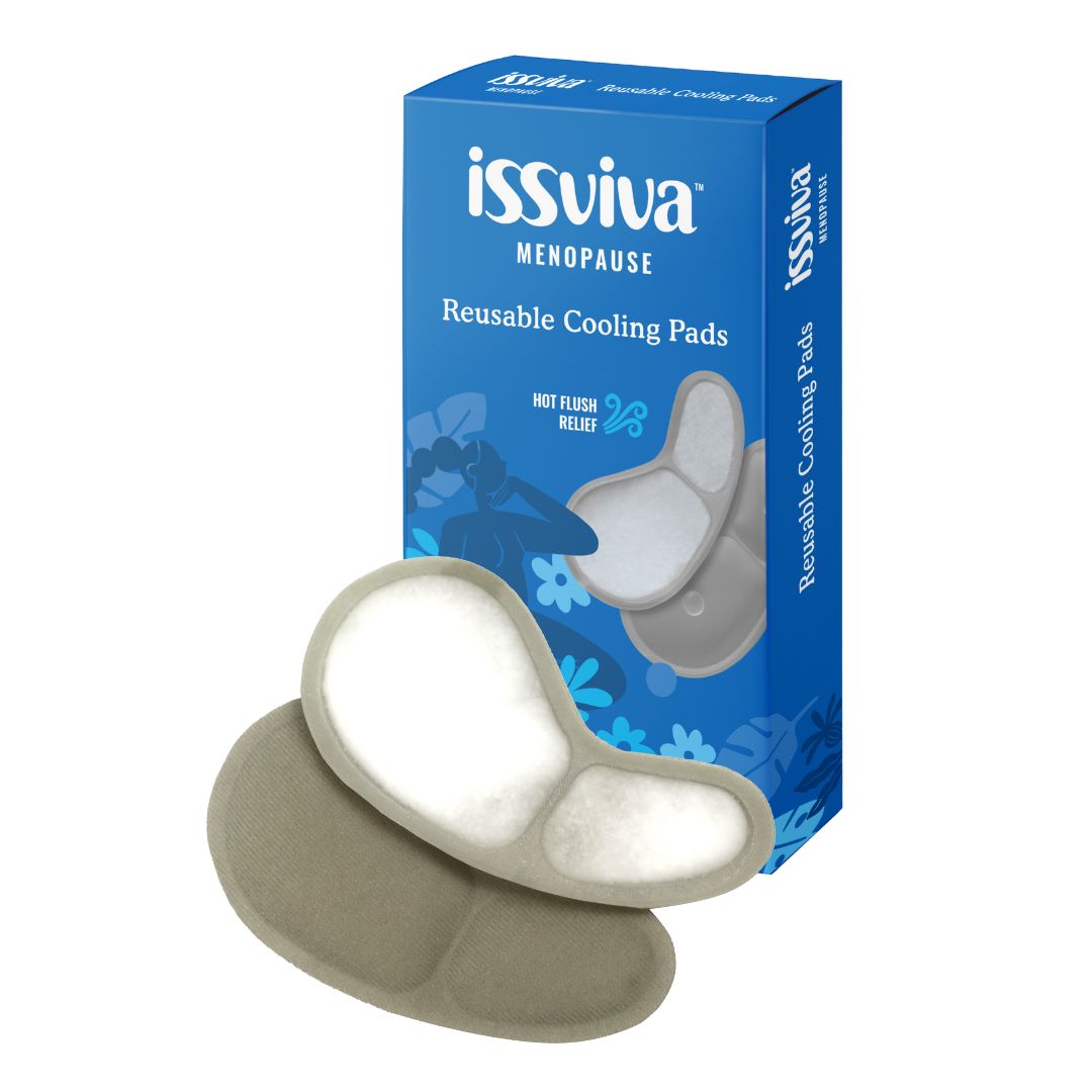 Keep Me Cool by Issviva includes soft, reusable cooling bra inserts designed to soothe hot flushes and provide all-day comfort.