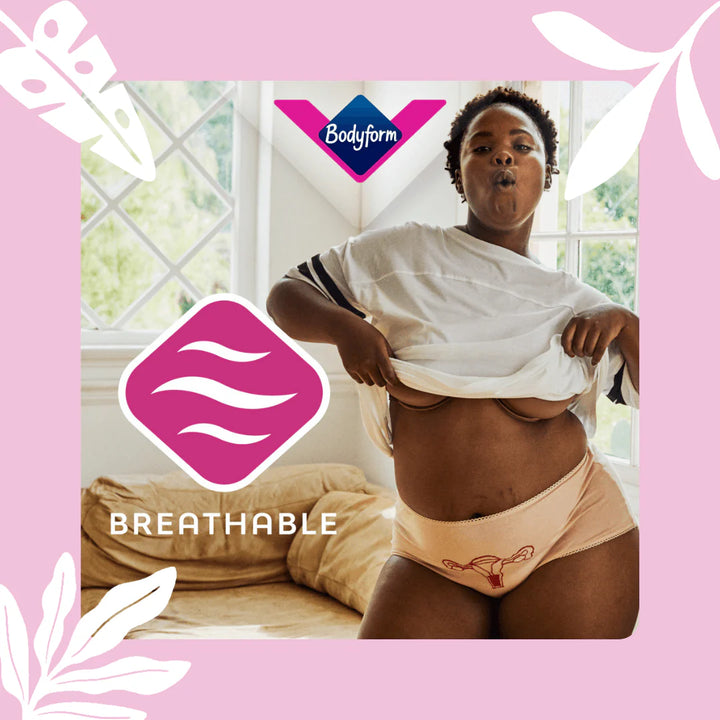 Woman with relaxed smile next to bold text outlining benefits, set against a light pastel background promoting self-care and wellness.