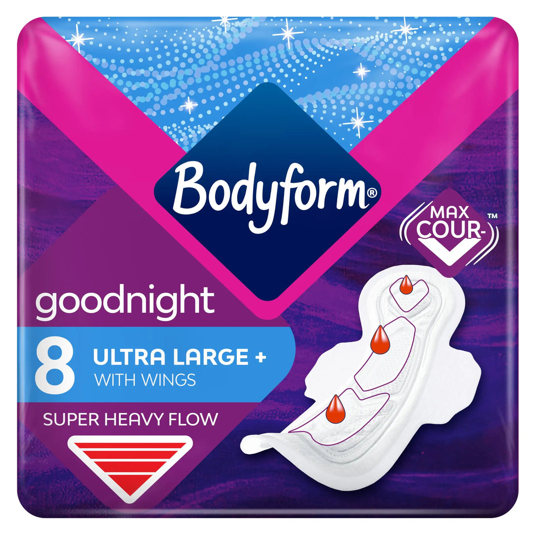 Bodyform Ultra Night Sanitary Towels with Wings 8 Pack, in purple packaging, shown upright on a clean white background for femcare.