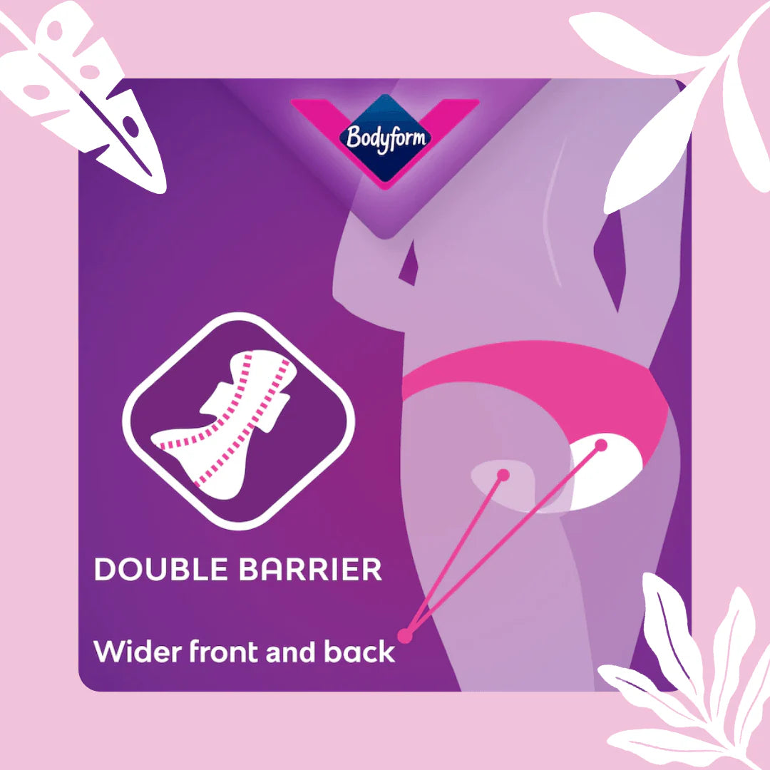 Double barrier wider front and back with Bodyform Ultra Night Sanitary Towels with Wings 8 Pack