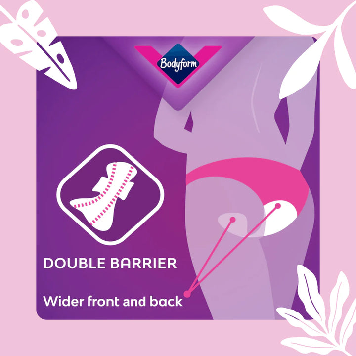 Double barrier wider front and back with Bodyform Ultra Night Sanitary Towels with Wings 8 Pack