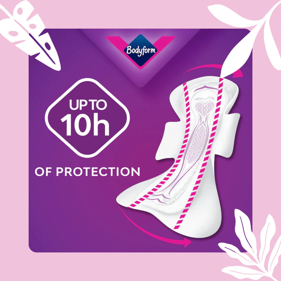 Up to 10 hours of protection with Bodyform Ultra Night Sanitary Towels with Wings 8 Pack