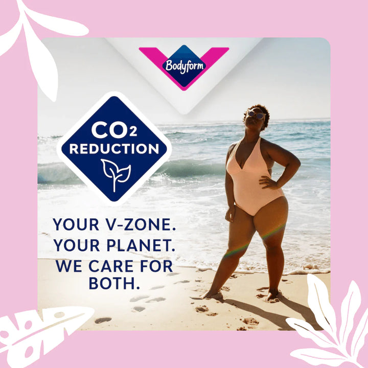 Woman next to the text "Your v-zone, your planet, we care for both", promoting Bodyform Normal Ultra Towels