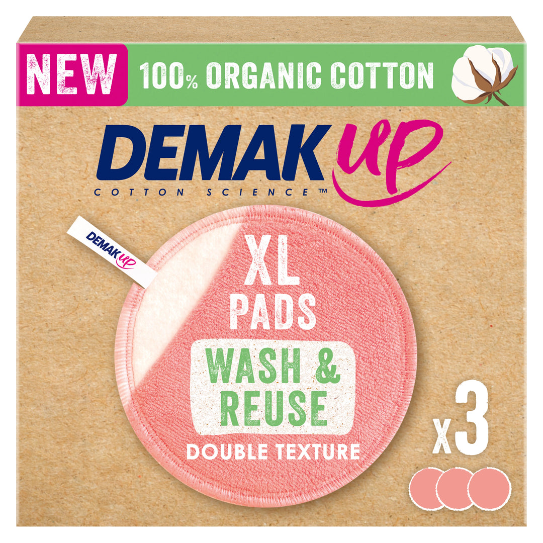 Demak'Up Wash and Reuse XL Cotton Pads 3 Pack in eco-friendly packaging, shown on a clean white background for reusable beauty care.