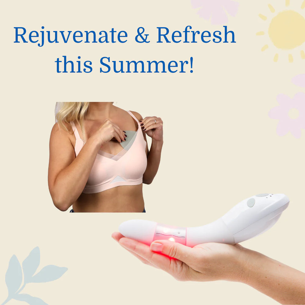 Issviva x Joylux Vaginal Rejuvenation Device paired with cooling bra pads, displayed on soft pink background for intimate care.