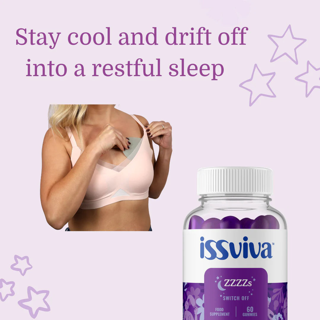 Issviva ZZZZs Food Supplement bottle paired with cooling bra pads, shown on soft pink background to support restful sleep and comfort.