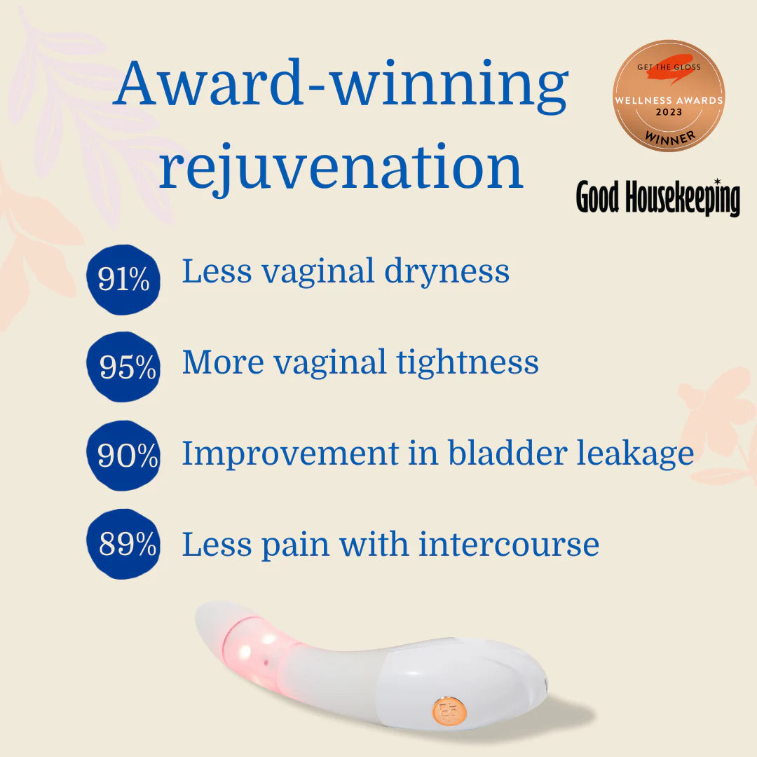 Award-winning Joylux Rejuvenation Device shown with cooling bra inserts on a soft pink background, symbolizing comfort and care.