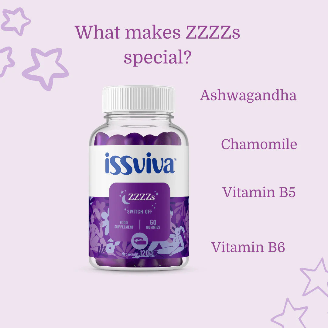 Issviva ZZZZs Food Supplement bottle paired, shown on soft pink background to support restful sleep and comfort.