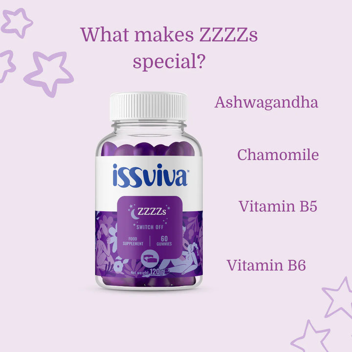 Issviva ZZZZs Food Supplement bottle paired, shown on soft pink background to support restful sleep and comfort.