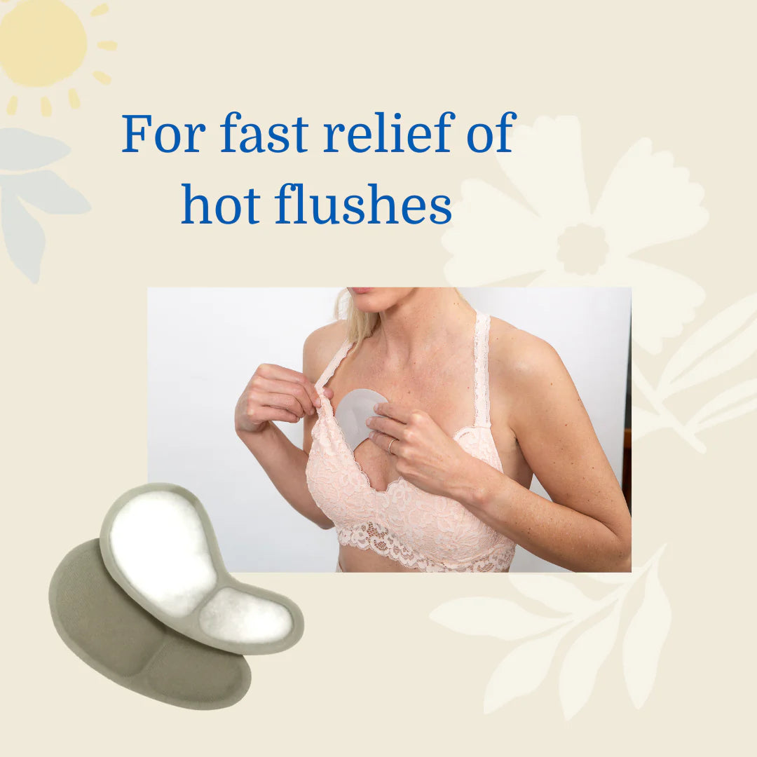 Cooling bra inserts by Issviva shown on a soft pink background, designed for fast, soothing relief from hot flushes and discomfort.
