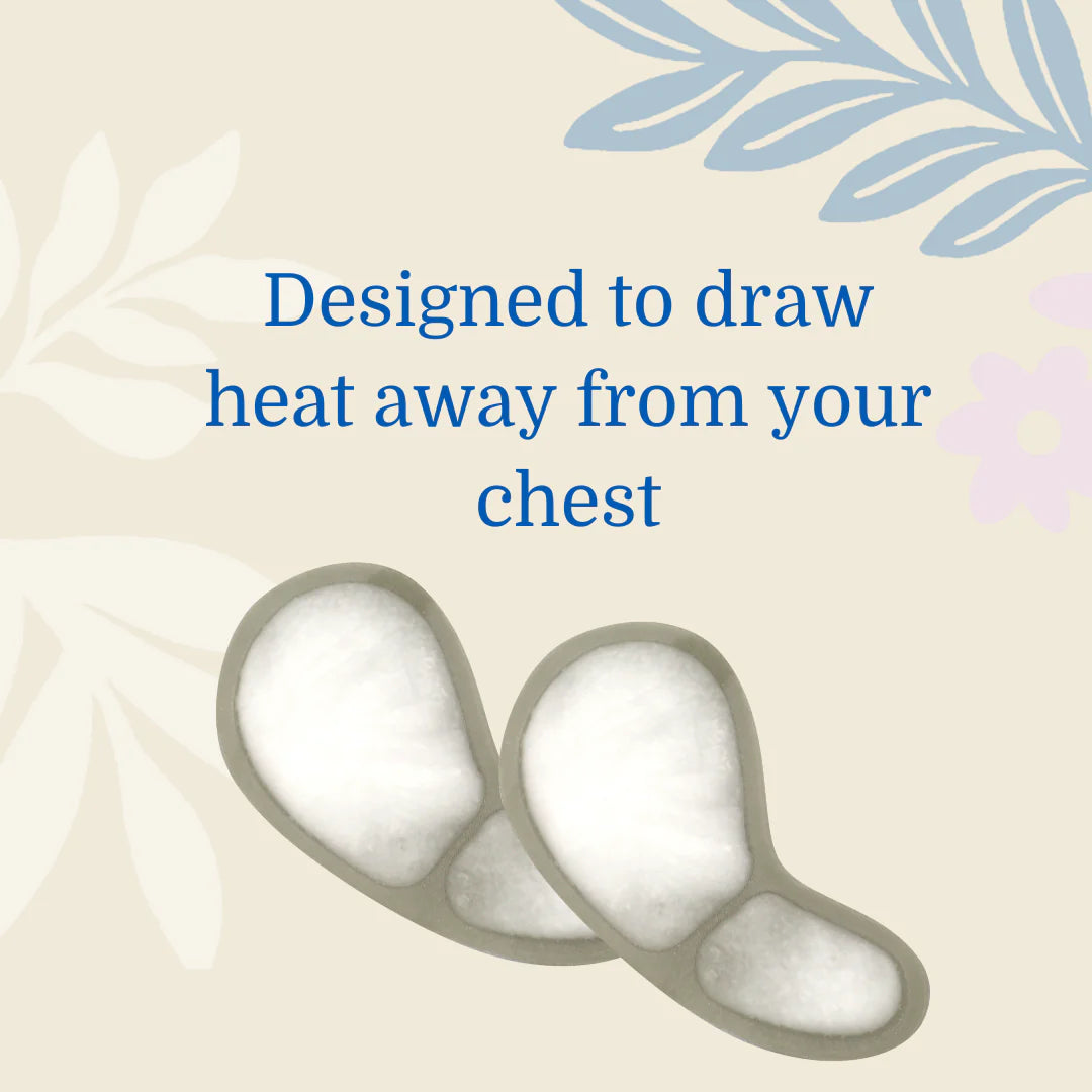 Cooling bra inserts by Issviva shown on a soft pink background, designed for fast, soothing relief from hot flushes and discomfort.