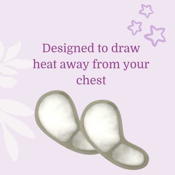 Cooling bra inserts by Issviva shown on a soft pink background, designed for fast, soothing relief from hot flushes and discomfort.
