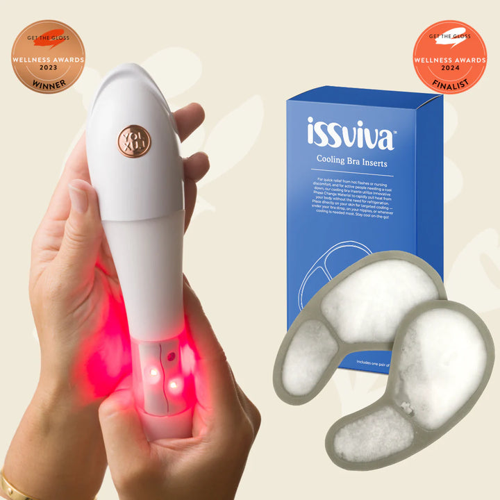 Issviva x Joylux Vaginal Rejuvenation Device paired with cooling bra pads, displayed on soft pink background for intimate care.