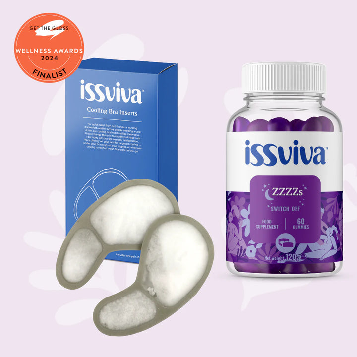 Issviva ZZZZs Food Supplement bottle paired with cooling bra pads, shown on soft pink background to support restful sleep and comfort.