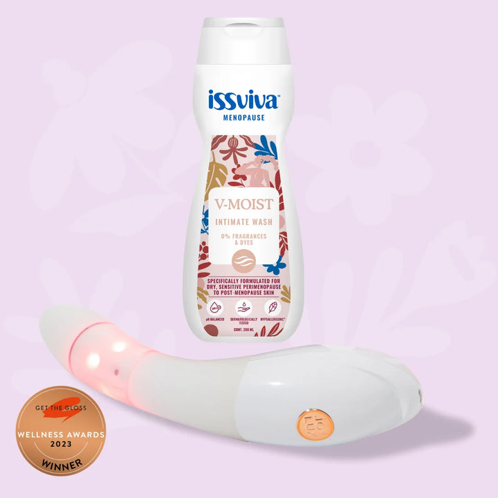 Issviva x Joylux Vaginal Rejuvenation Device paired with pH-balanced Intimate Wash, displayed together on a clean, soft background.