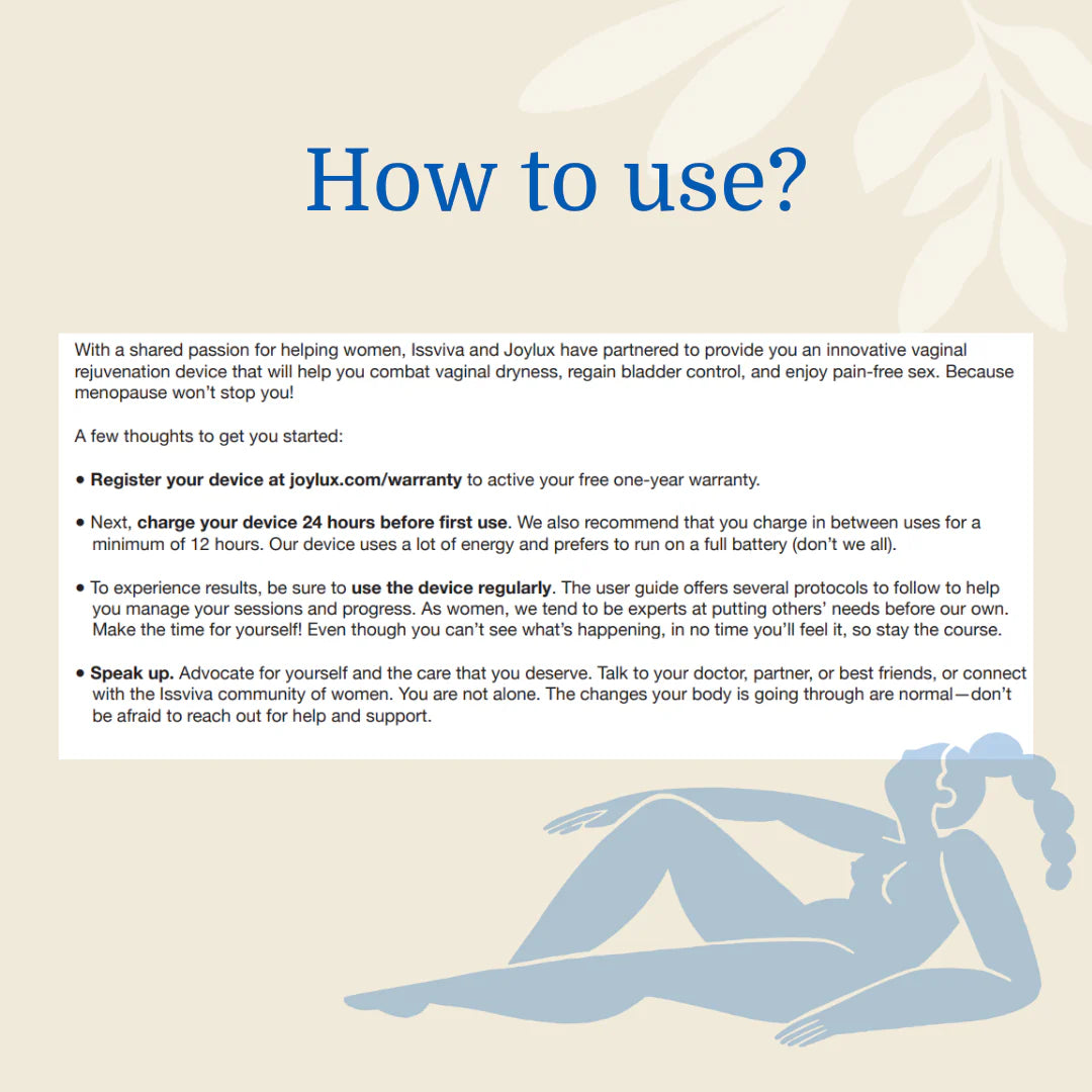 Step-by-step guide image showing how to use athe Joylux Rejuvenation Device, on a soft pink background.