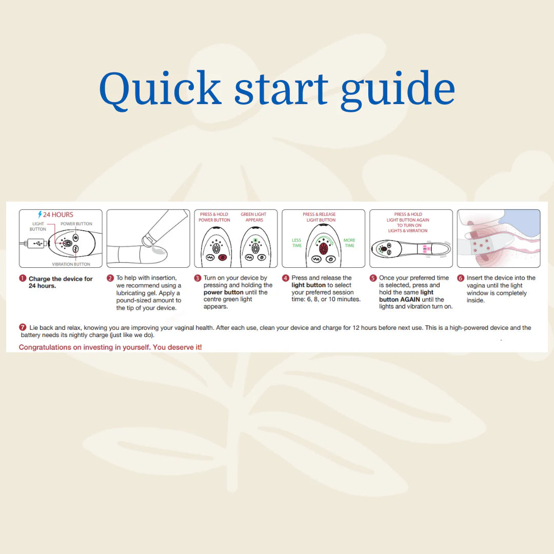 Quick start guide for the Joylux Rejuvenation Device, featuring simple usage and cleaning steps on a pink background with icons.