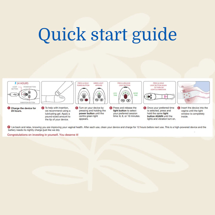 Quick start guide for the Joylux Rejuvenation Device, featuring simple usage and cleaning steps on a pink background with icons.