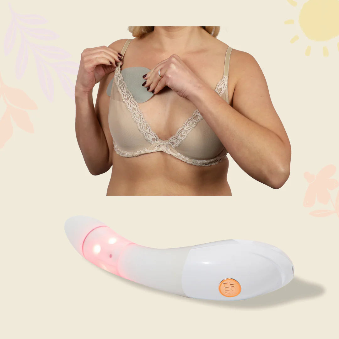 Issviva x Joylux Vaginal Rejuvenation Device paired with cooling bra pads, displayed on soft pink background for intimate care.