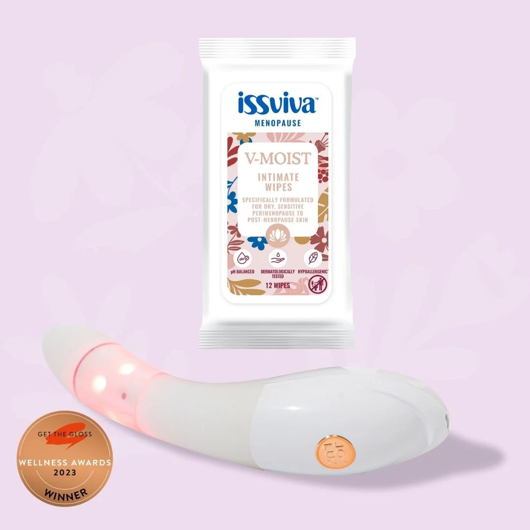 Issviva x Joylux Vaginal Rejuvenation Device with pH-balanced Intimate Wipes, neatly arranged on a soft, neutral background.