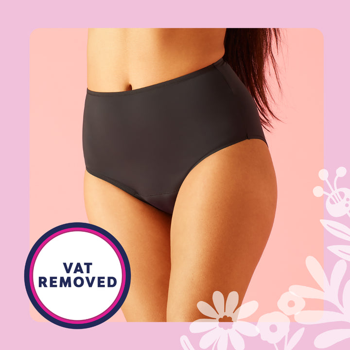 Woman seen from waist to thighs wearing Bodyform High Waist Heavy Flow Washable Period Pants in black, minimalist white background.