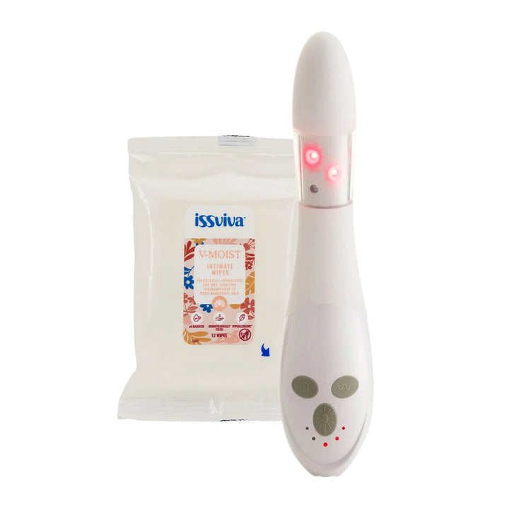 Issviva x Joylux Vaginal Rejuvenation Device with pH-balanced Intimate Wipes, neatly arranged on a soft, neutral background.