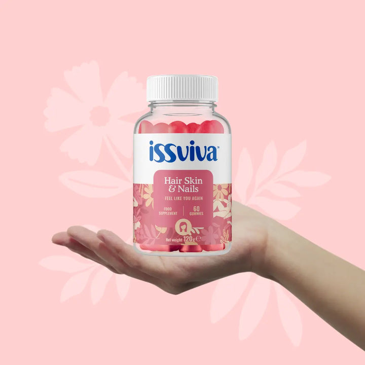 Issviva Hair Skin & Nails Food Supplement Twin Pack with two white bottles featuring pink accents, displayed on a soft background.