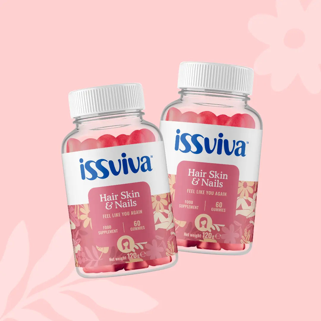 Issviva Hair Skin & Nails Food Supplement Twin Pack with two white bottles featuring pink accents, displayed on a soft background.