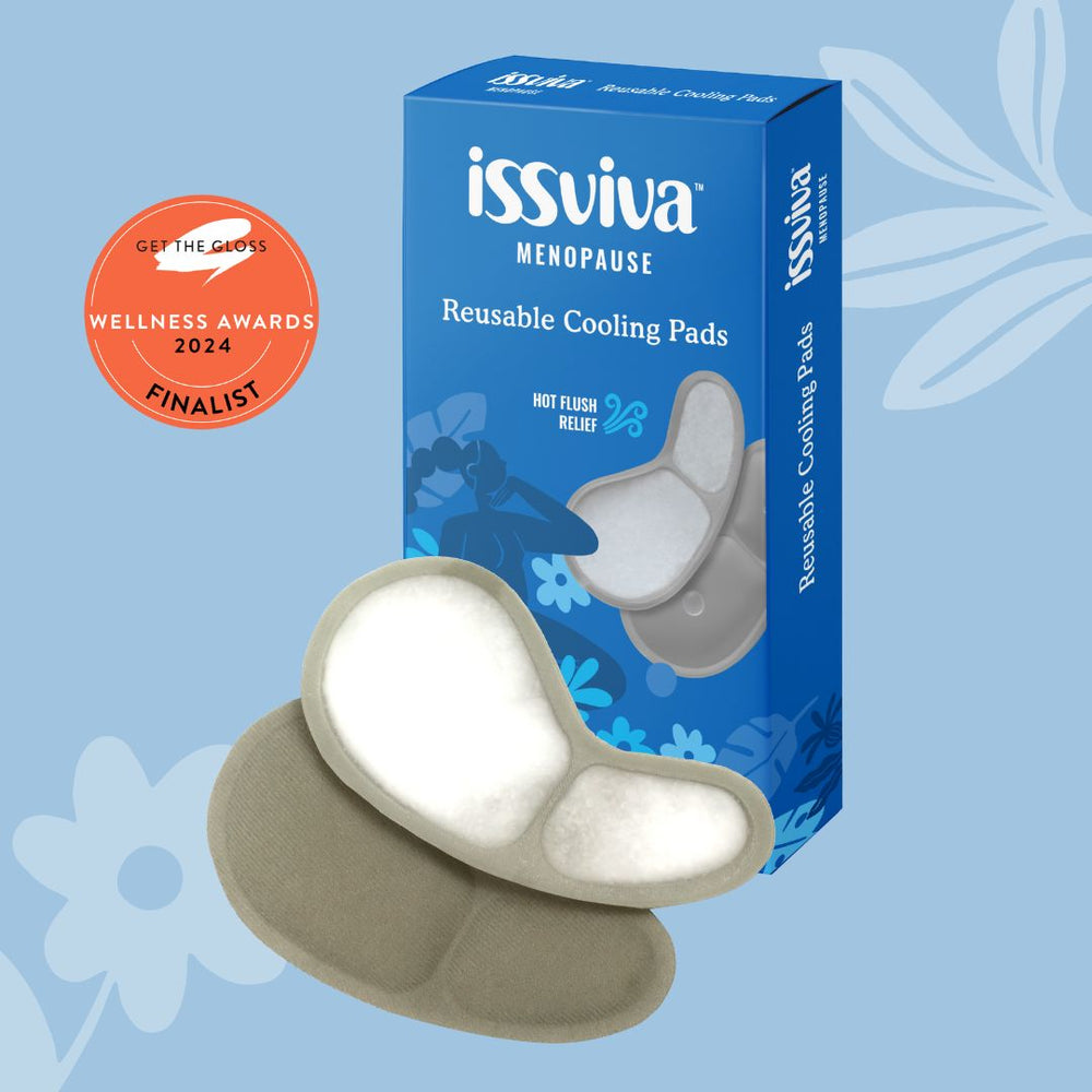 Keep Me Cool by Issviva includes soft, reusable cooling bra inserts designed to soothe hot flushes and provide all-day comfort.