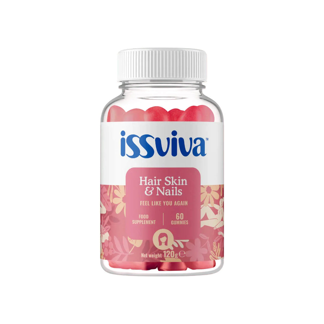 Issviva Hair Skin & Nails Food Supplement 60 Gummies bottle featuring a vibrant pink label