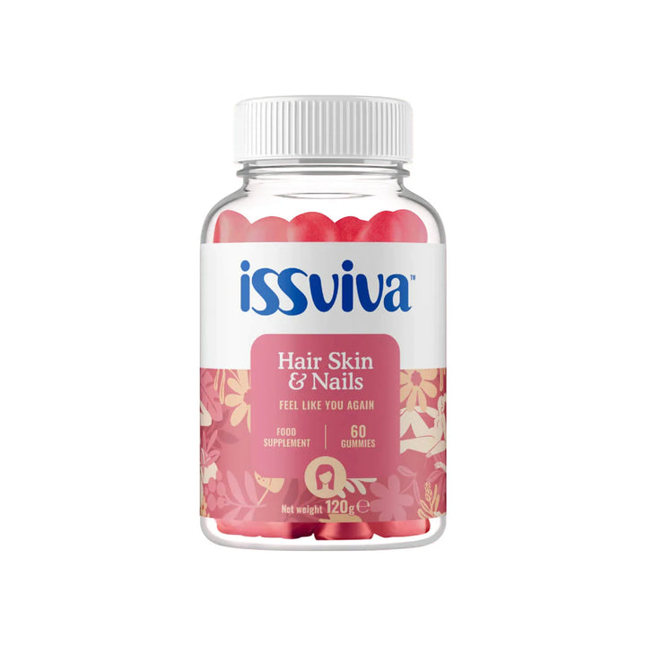 Issviva Hair Skin & Nails Food Supplement 60 Gummies bottle featuring a vibrant pink label