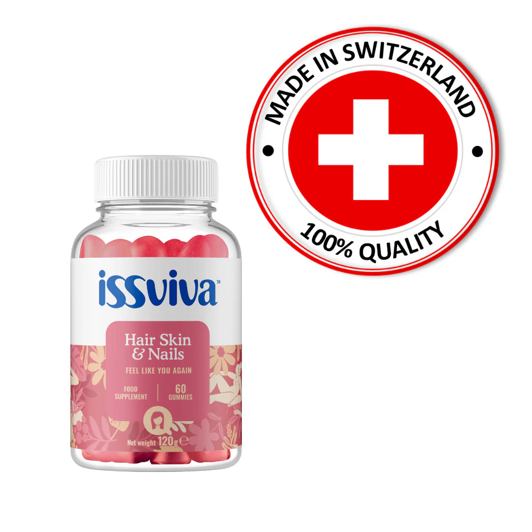 Issviva Hair Skin & Nails Food Supplement 60 Gummies bottle featuring a vibrant pink label