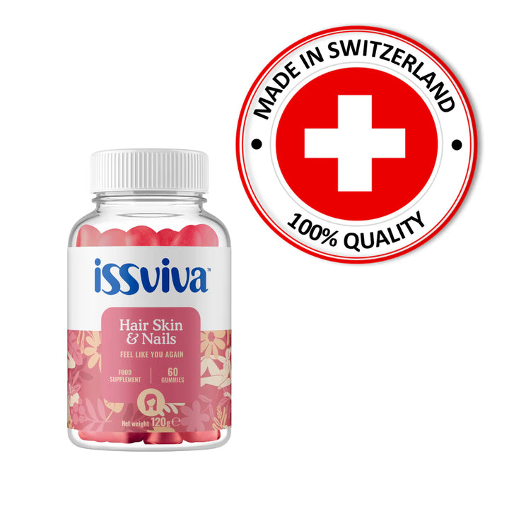 Issviva Hair Skin & Nails Food Supplement 60 Gummies bottle featuring a vibrant pink label