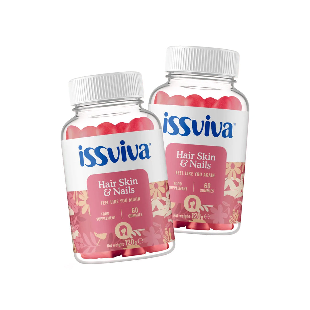 Issviva Hair Skin & Nails Food Supplement Twin Pack with two white bottles featuring pink accents, displayed on a soft background.