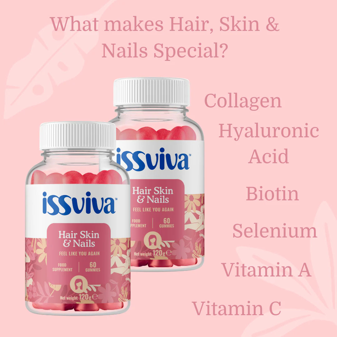 Issviva Hair Skin & Nails Food Supplement Twin Pack with two white bottles featuring pink accents, displayed on a soft background.