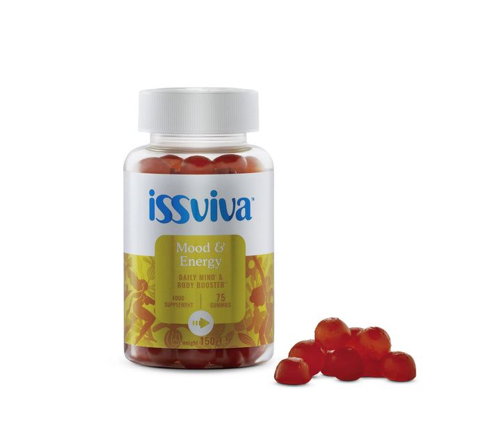Issviva Mood & Energy Food Supplement bottle with bright orange label, featuring citrus illustrations on a clean white background.