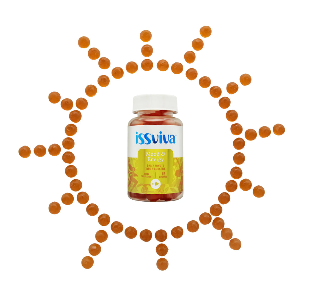 Issviva Mood & Energy Food Supplement bottle with bright orange label, featuring citrus illustrations on a clean white background.