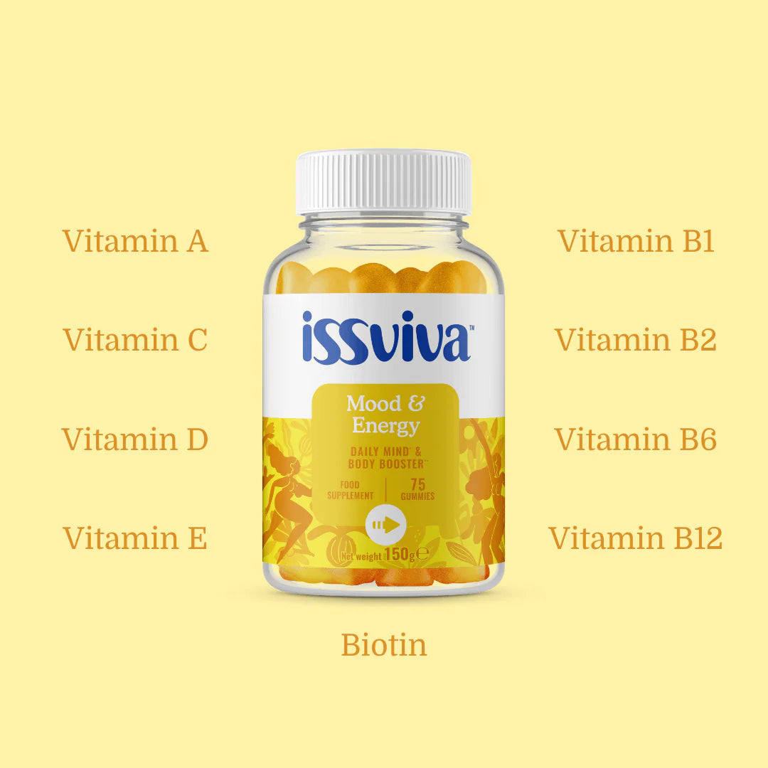 Issviva Mood & Energy Food Supplement bottle with bright orange label, featuring citrus illustrations on a clean white background.