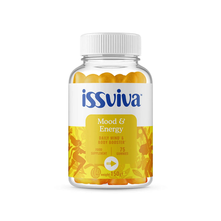 Issviva Mood & Energy Food Supplement with vibrant orange labels,  on a soft background.