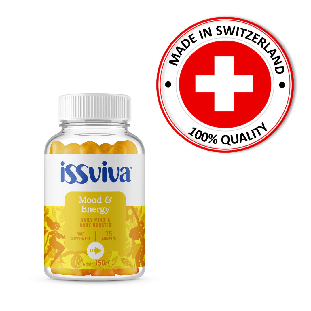 Issviva Mood & Energy Food Supplement with vibrant orange labels,  on a soft background.