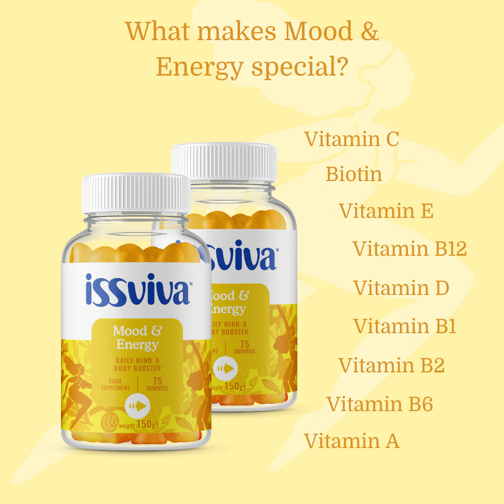 Issviva Mood & Energy Food Supplement Twin Pack with vibrant orange labels, shown side by side on a soft background.
