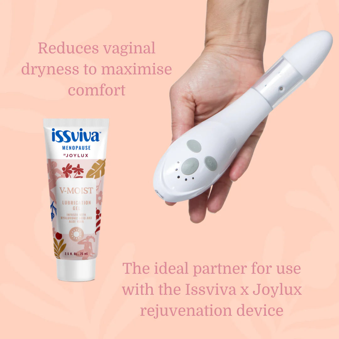 Issviva x Joylux Vaginal Rejuvenation Device with Lubrication Gel, elegantly displayed together on a soft background.