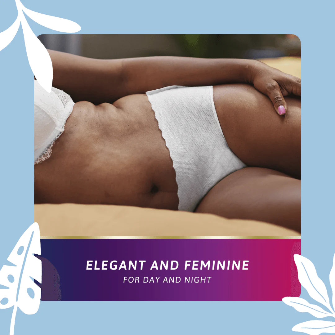 Woman wearing TENA Silhouette Normal Low Waist White Incontinence Underwear, shown from waist to thighs against a plain background.