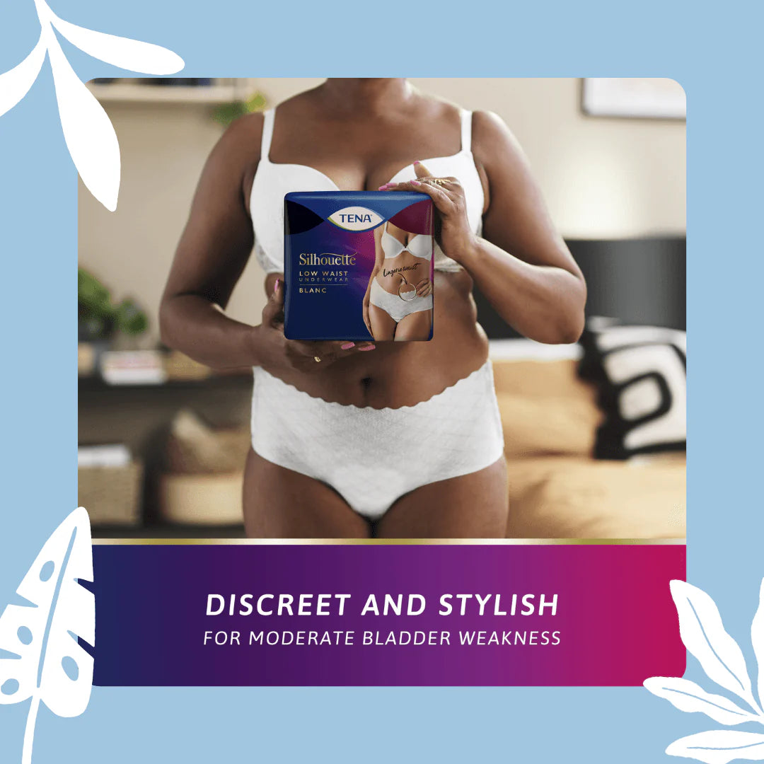 TENA Silhouette Normal Low Waist White incontinence underwear for women, shown from shoulders to thighs on a plain background.