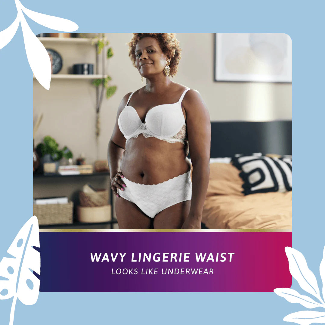 Woman wearing TENA Silhouette Normal Low Waist White Incontinence Underwear, against a plain background.