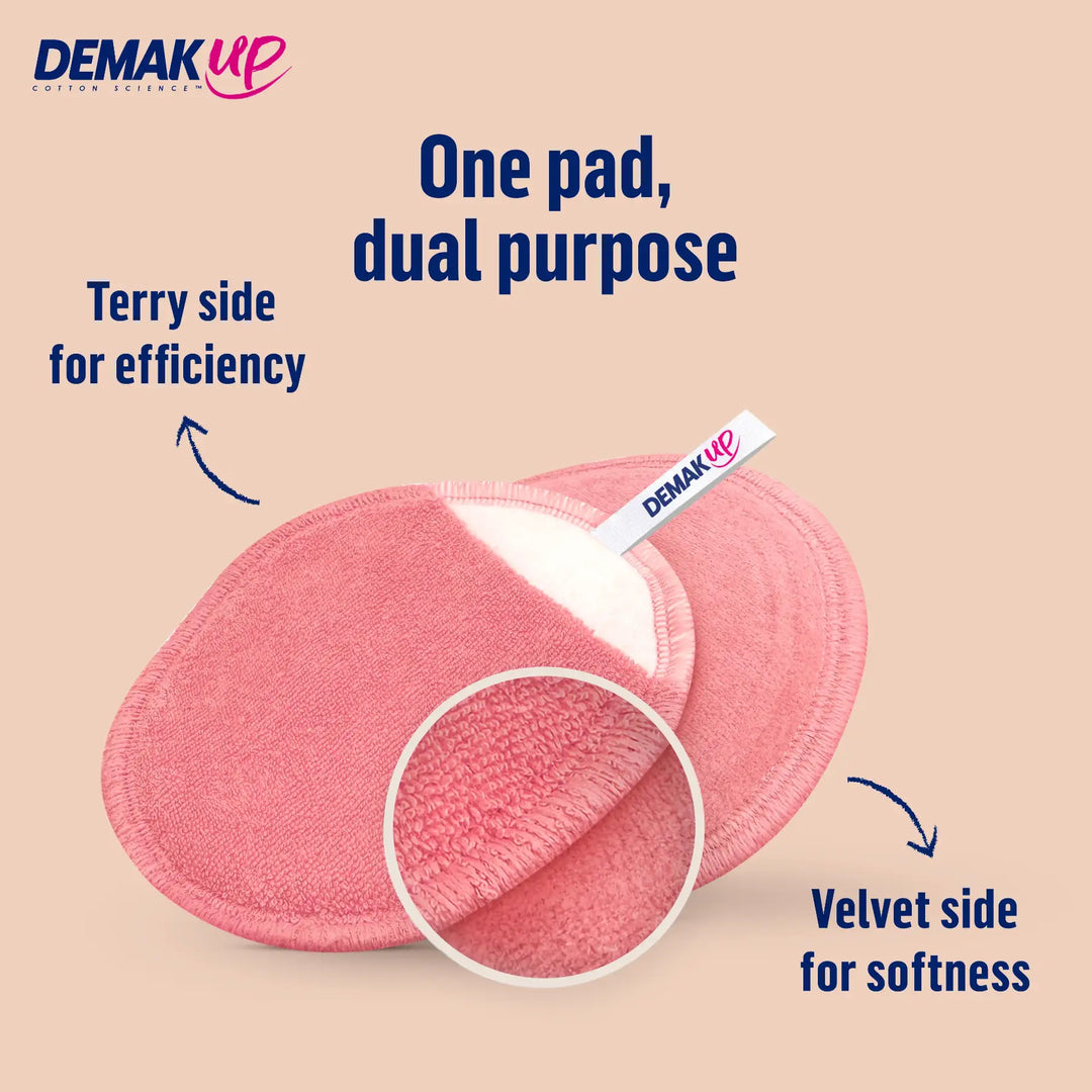 Demak'Up Wash and Reuse XL Cotton Pads 3 Pack with ultra-soft texture, displayed neatly on a clean white background for beauty care.