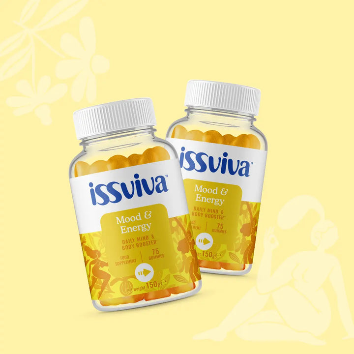 Issviva Mood & Energy Food Supplement Twin Pack with vibrant orange labels, shown side by side on a soft background.