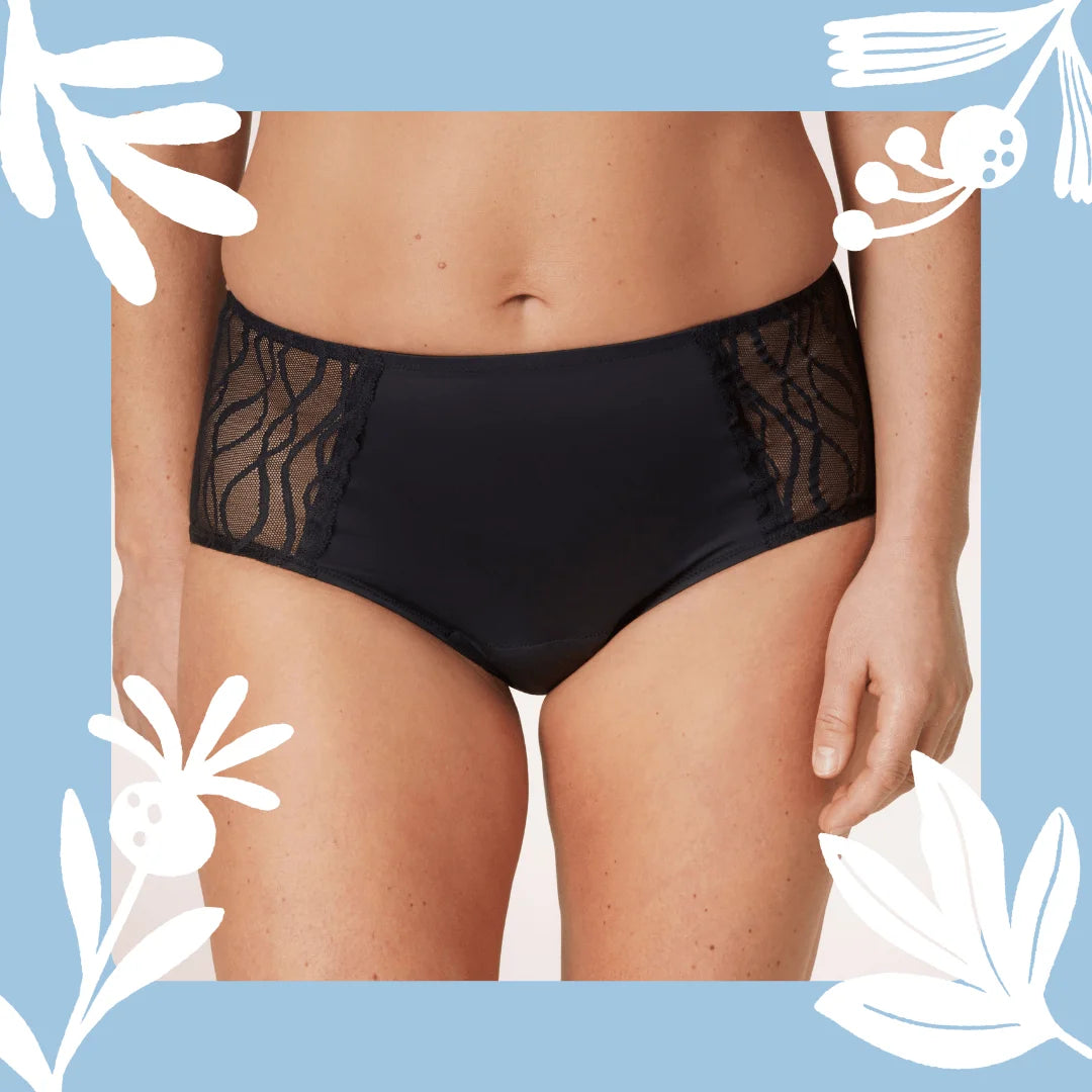 Woman wearing TENA Black Classic Brief Washable Incontinence Underwear, shown from waist to thighs on a neutral background.
