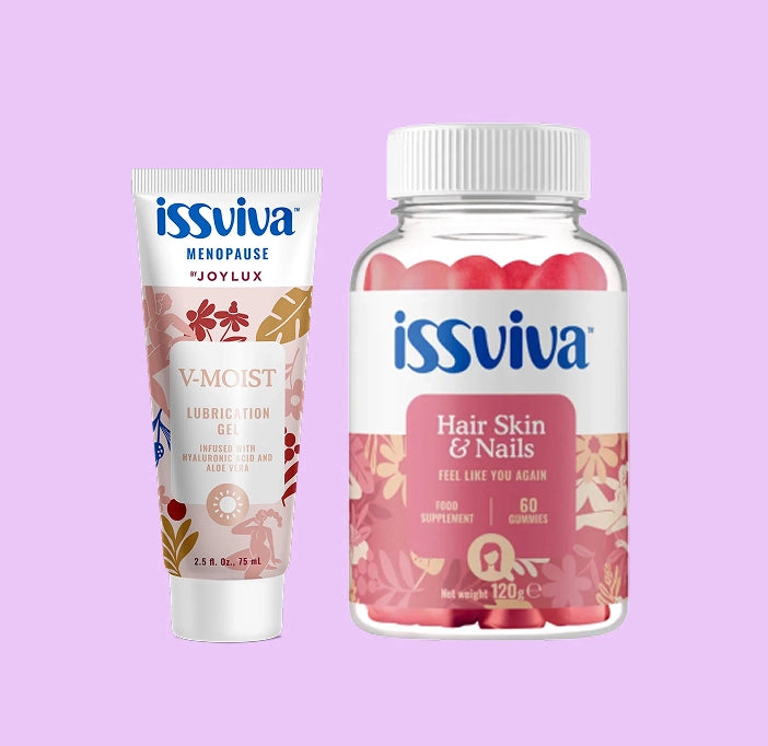 Two wellness products: Issviva x Joylux Lubrication Gel and El Hair, Skin and Nails supplement bottles side by side