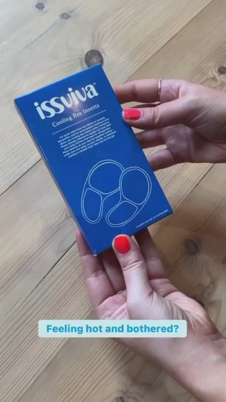 Video showing Keep Me Cool by Issviva includes soft, reusable cooling bra inserts designed to soothe hot flushes and provide all-day comfort.
